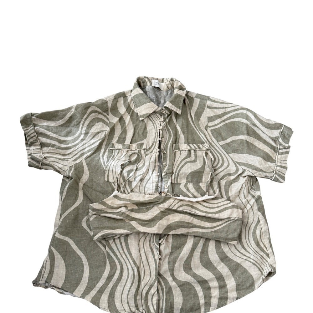 Dish Linen Button Up Shirt Abstract Wave Print Short Sleeve Womens US 10